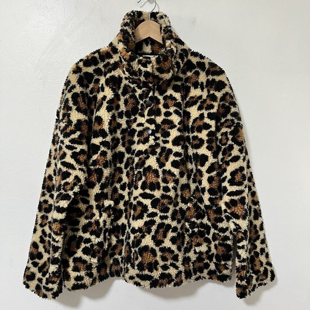 J Crew Snap Collar Leopard Print‎ Sherpa Fleece Sweatshirt Size XL Comfy NEW